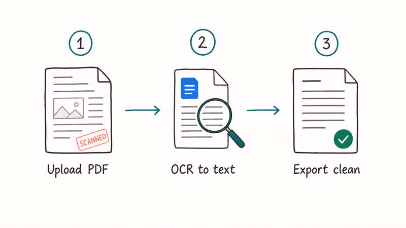 Hand-drawn three-step Google Docs flow showing upload OCR and clean PDF export for stripping a watermark