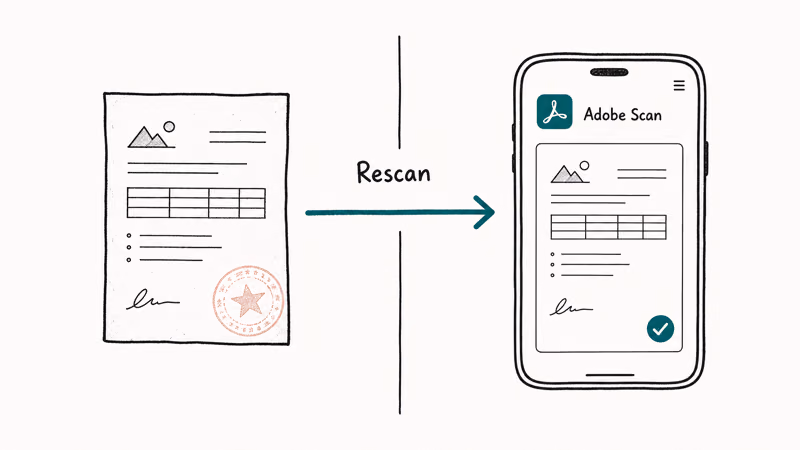 Hand-drawn split showing original watermarked scan on left and a clean Adobe Scan output on right with arrow