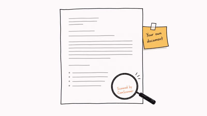Hand-drawn document showing the CamScanner watermark on a personal scan with magnifier and ownership tag