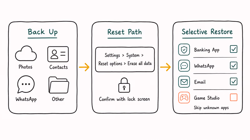 Three-stage Android factory reset plan from backup through reset path to selective restore.