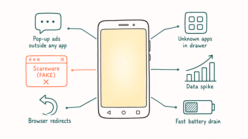 Six Android malware symptoms shown as labeled icons around a phone outline.
