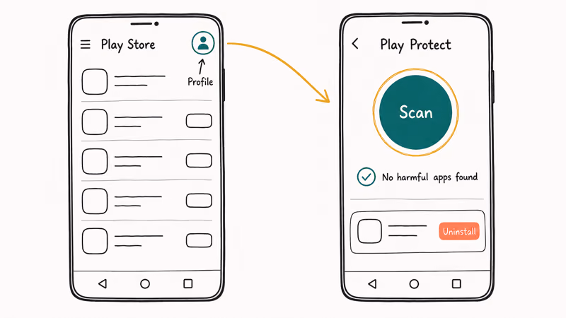 Google Play Protect interface highlighting the profile entry point and Scan button on Android.