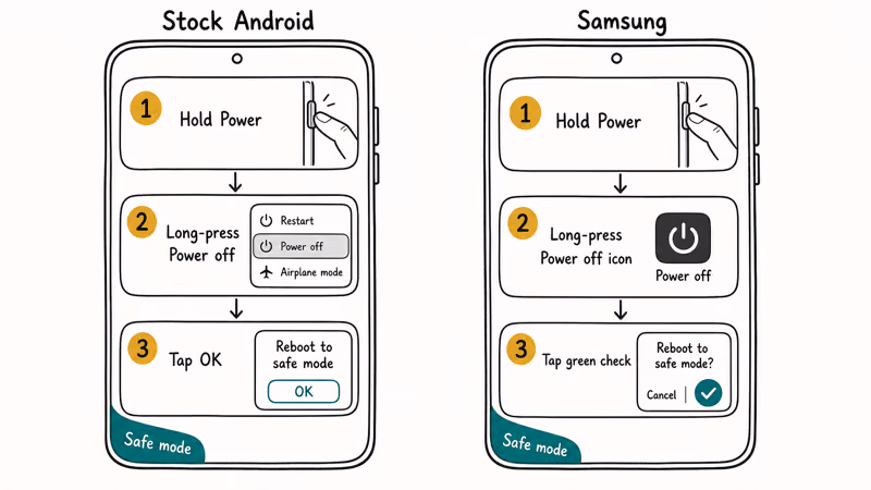 Three-step Safe Mode entry sequence for stock Android and Samsung phones side by side.