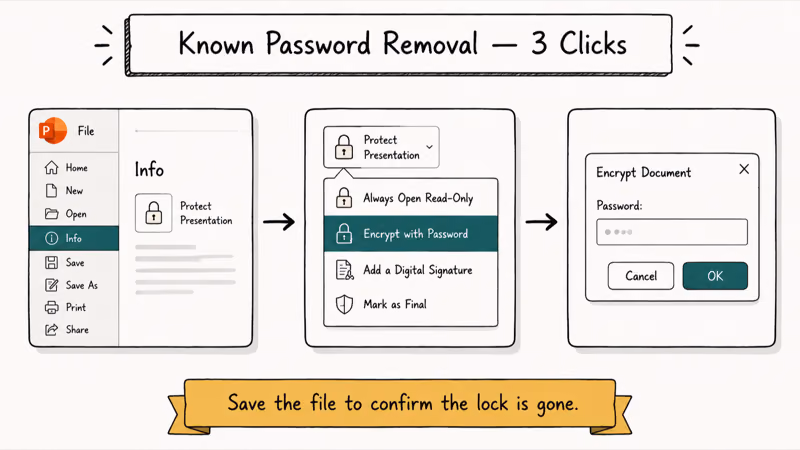 Three-card PowerPoint flow to clear an open password through Info Protect Presentation and Encrypt dialog.