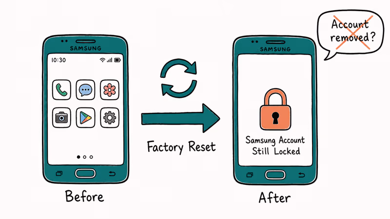 Diagram showing factory reset wipes apps but Samsung account reactivation lock remains on device