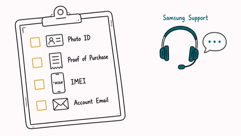 Checklist of documents needed for Samsung Support including ID, receipt, IMEI, and account email