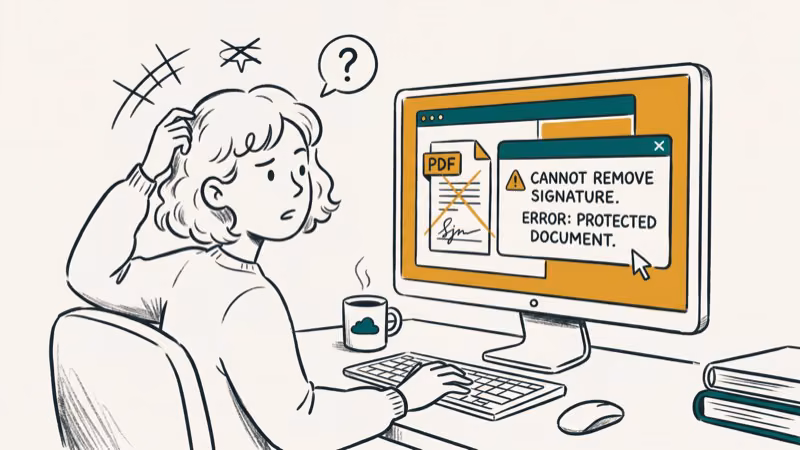 Person at computer viewing error message on screen while attempting to remove PDF signature