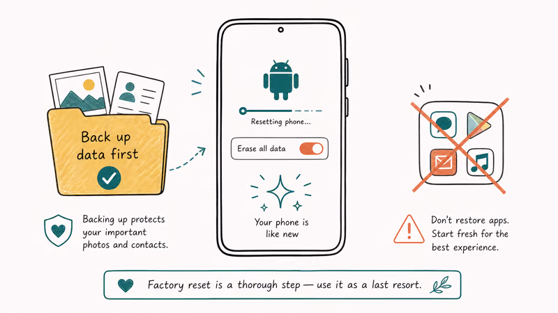 Hand-drawn Android being factory reset to a clean state beside a back-up-data-first folder with checkmark