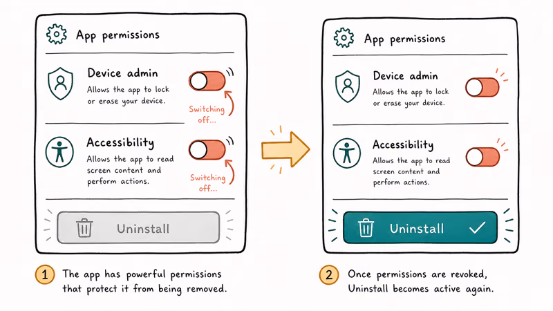 Hand-drawn settings showing Device admin and Accessibility toggles switched off and the uninstall button re-enabled