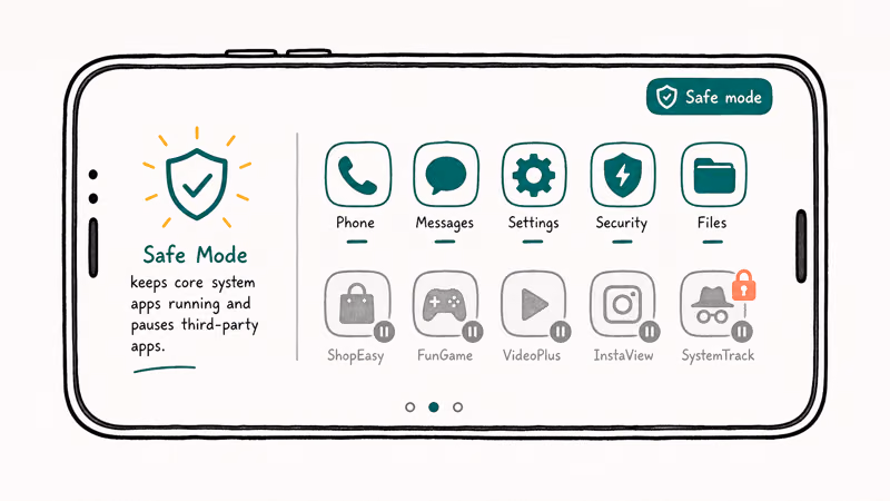 Hand-drawn Android in Safe mode showing core apps active while greyed-out third-party apps stay frozen
