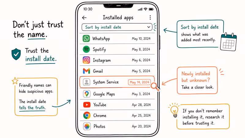 Hand-drawn Android app list sorted by install date with a disguised System Service entry highlighted as suspicious