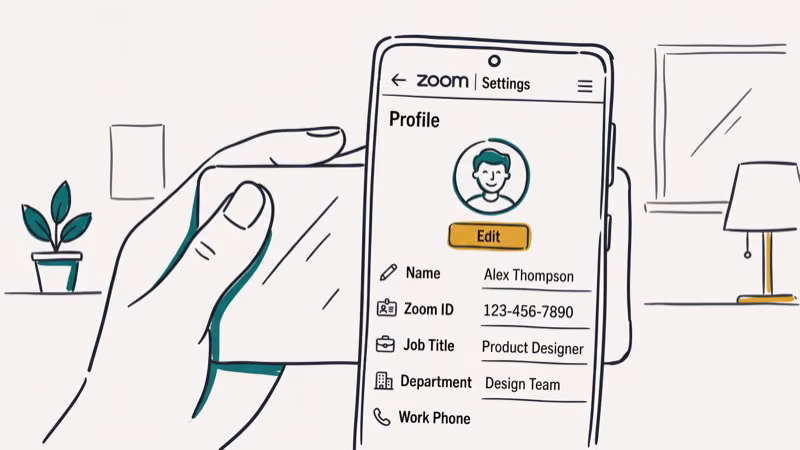 Android phone screen showing Zoom profile settings with profile picture edit button highlighted