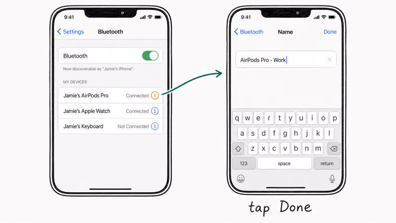 iPhone Bluetooth settings showing AirPods Pro info icon and name field being edited to a custom AirPods name