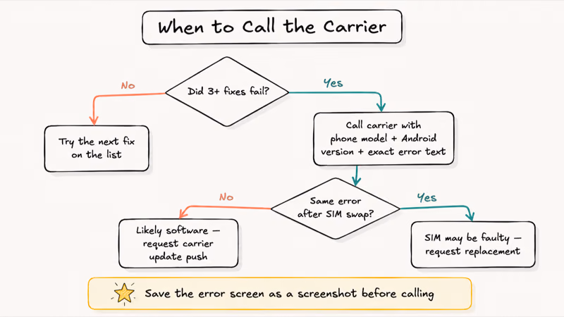 Decision tree for escalating Invalid MMI Code errors to your mobile carrier after multiple failed fixes.