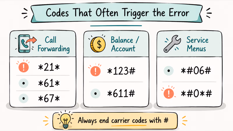Three-column grouping of MMI codes covering call forwarding balance and service menus with error-prone markers.