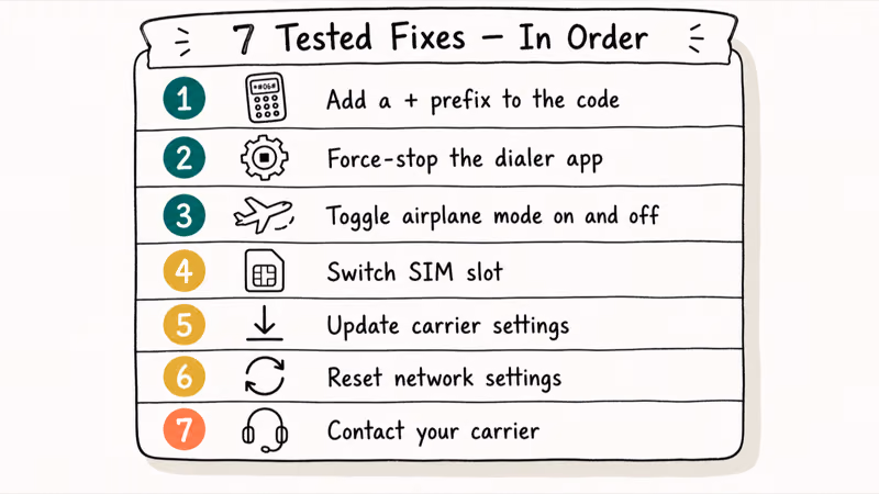 Seven-step priority list of fixes for the Invalid MMI Code error from prefix tweak through carrier escalation.