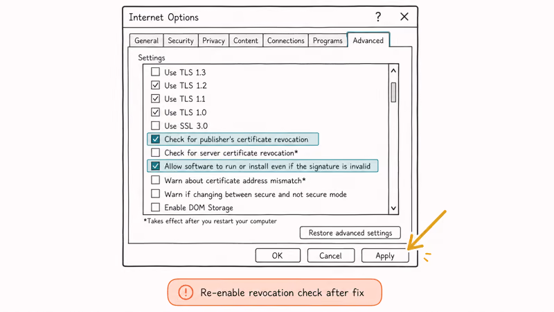 Internet Options Advanced tab with two highlighted checkboxes and Apply button arrow