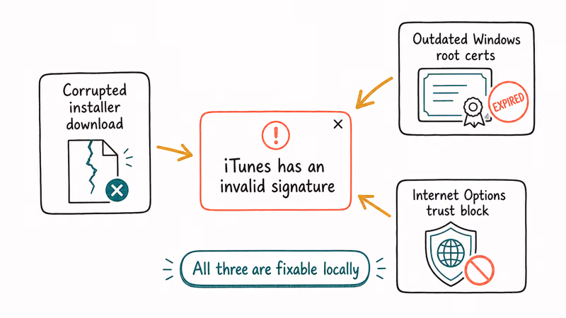 iTunes invalid signature error popup with three trigger causes corrupt installer outdated certs and trust block