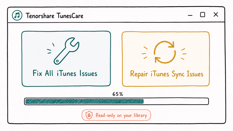 Tenorshare TunesCare window with two repair mode buttons and progress bar with library safe note