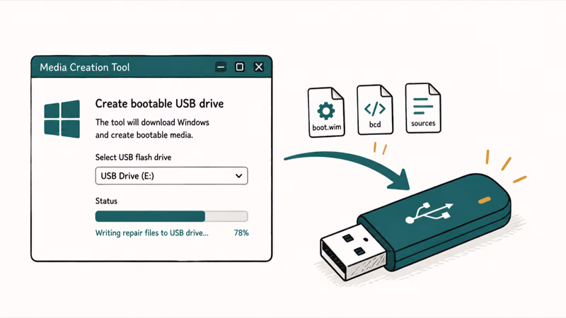 USB flash drive being created as a bootable Windows 10 repair drive using the media creation tool