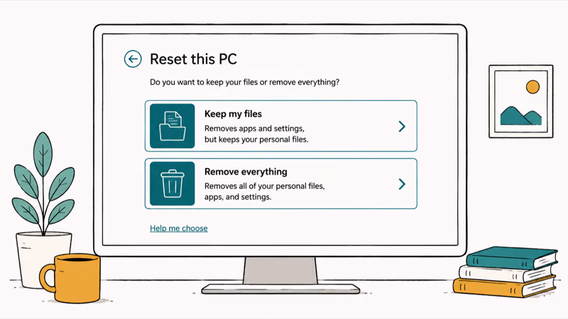 Windows 10 recovery screen showing the Reset this PC option with keep files and remove everything choices
