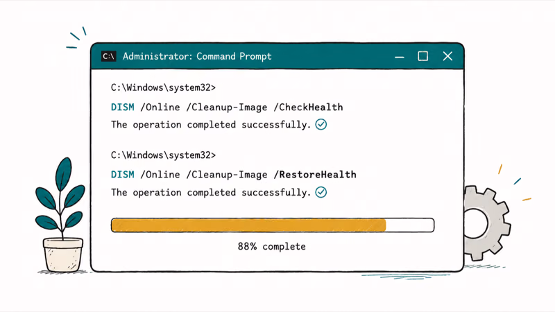 Command prompt window running SFC and DISM commands to repair Windows system files with a progress bar