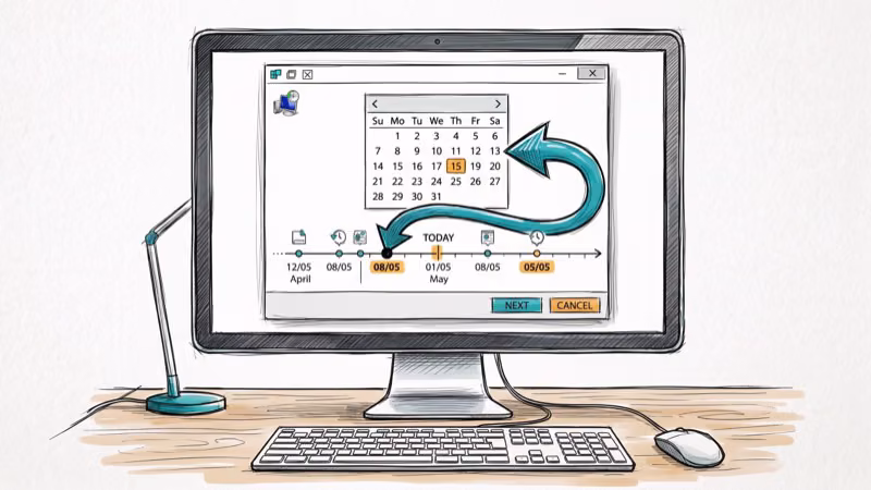 Windows 10 system restore interface showing a timeline with restore points and arrow going back in time