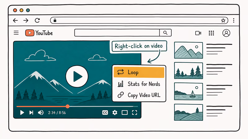 Desktop browser sketch showing right click context menu over YouTube player with Loop option highlighted