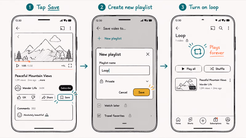 Three-screen mobile flow saving video to a new playlist named Loop and enabling repeat playback on phone