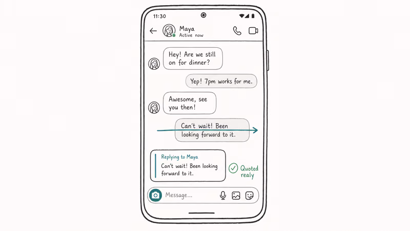 Hand-drawn Android Instagram DM with a swipe-right arrow and quoted reply ready above the input field