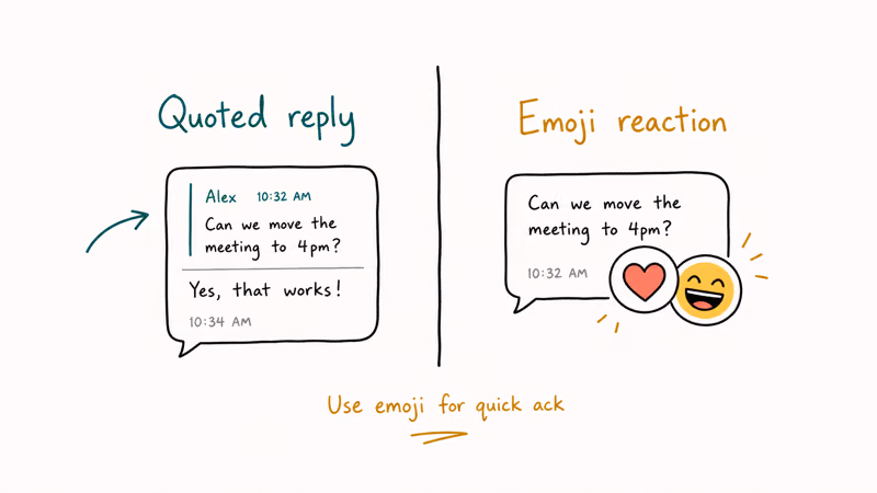 Hand-drawn split comparing quoted reply with emoji reaction so users pick the right Instagram response