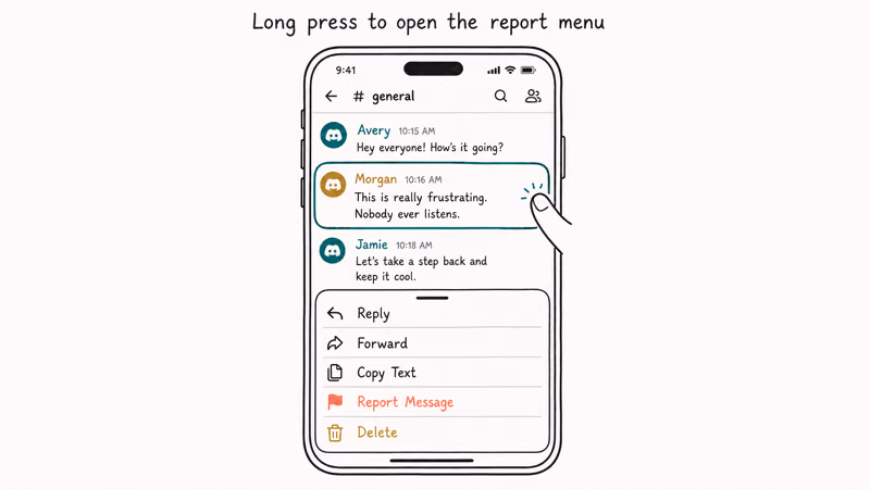 Discord mobile app showing long pressed message with Report Message row highlighted in bottom action sheet.