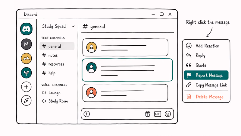 Discord desktop context menu showing Report Message option highlighted with flag icon beside it.