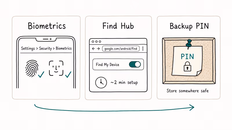 Three post-unlock setup cards covering biometrics enrollment Find Hub toggle and backup PIN reminder