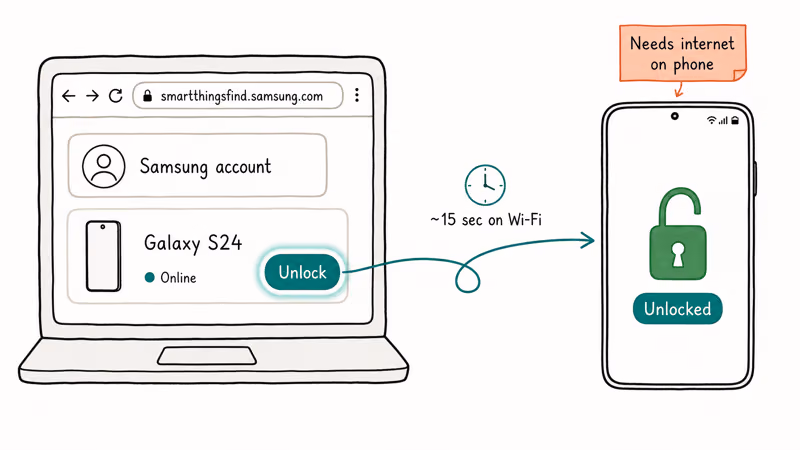 SmartThings Find browser unlock button connecting to Galaxy phone with internet warning note