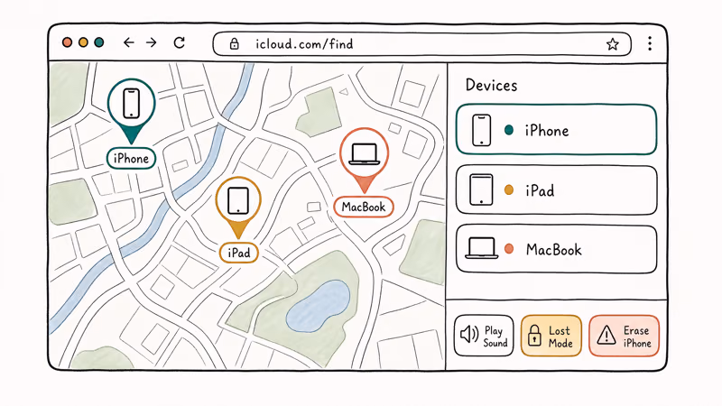 iCloud Find My web view with map pins device side panel and Erase iPhone button highlighted in coral.
