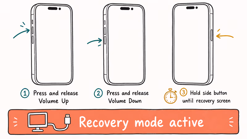 Three iPhone diagram showing volume up volume down then side button hold sequence into recovery mode.