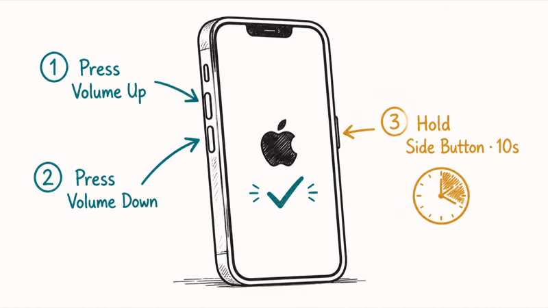 Hand-drawn iPhone side view showing volume up, volume down, then hold side button steps with Apple logo result.