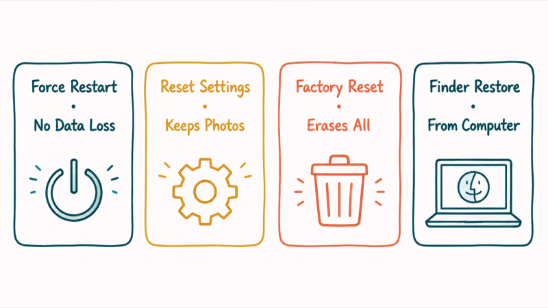 Four hand-drawn cards mapping iPhone force restart, reset settings, factory reset, and Finder restore modes.