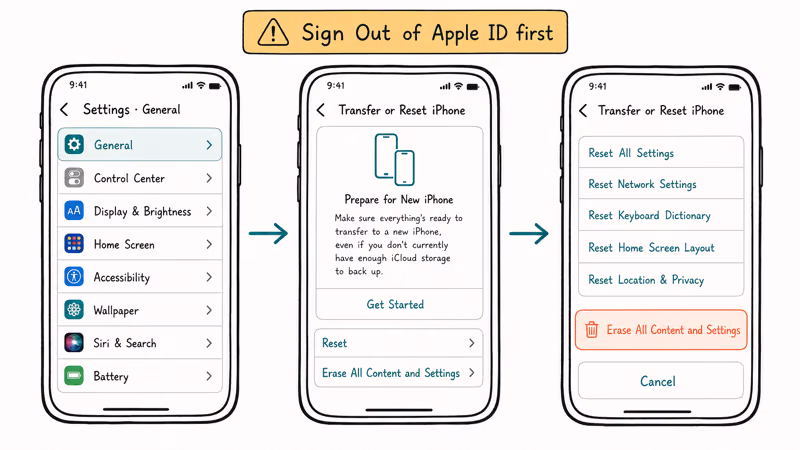 Hand-drawn iPhone screens showing Settings General Transfer Erase All Content path with sign-out warning.