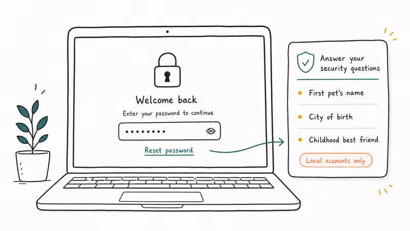 Windows lock screen with Reset password link and three security questions expanded card