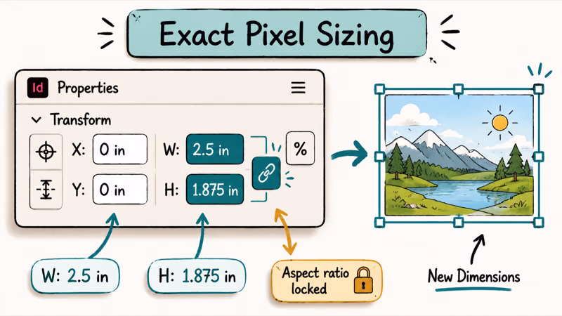 Hand-drawn InDesign Transform panel showing exact width and height fields with chain link to lock aspect.