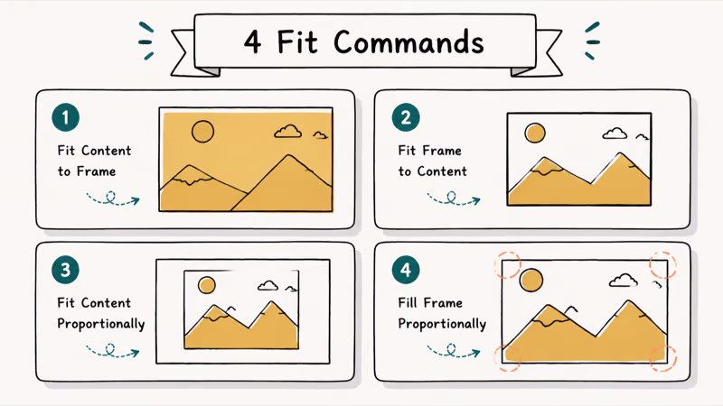 Two-by-two hand-drawn grid showing InDesign frame fitting commands fit to frame fit to content proportional and fill.