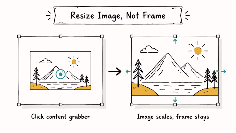 Two-state InDesign frame illustration showing the content grabber resizing only the inner image.