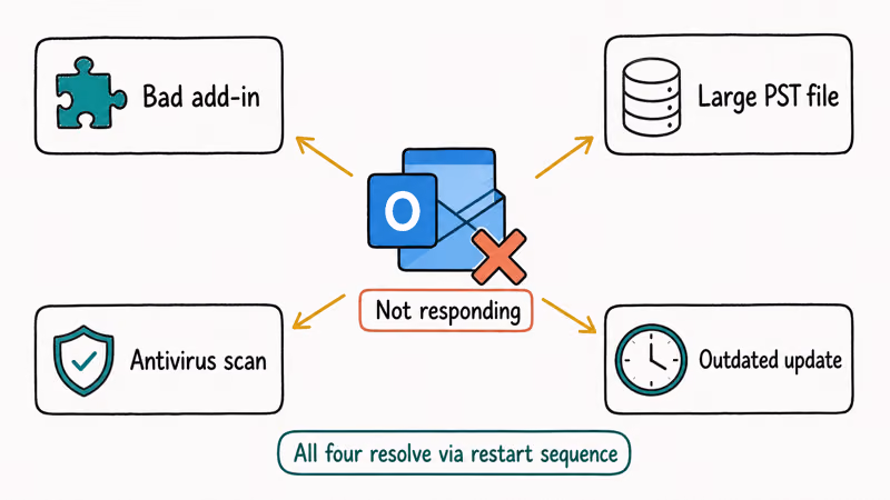 Outlook icon with not responding overlay and four causes bad add-in large PST antivirus and outdated update