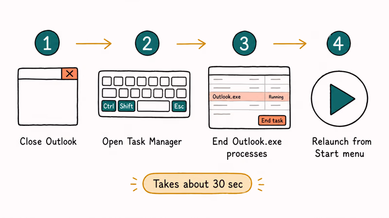 Four step Outlook Windows restart close open Task Manager end processes and relaunch from Start menu