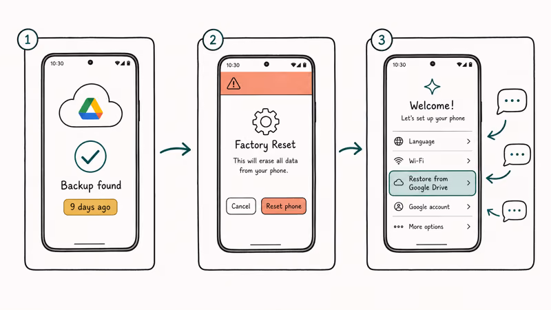 Three-panel Google Drive backup detection and SMS restore flow