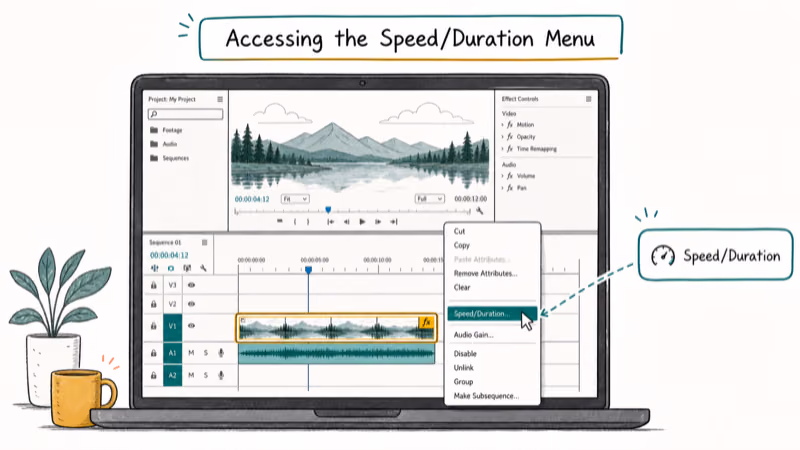 Hand-drawn illustration: Accessing the Speed/Duration Menu
