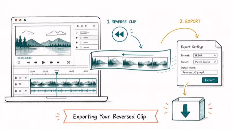Hand-drawn illustration: Exporting Your Reversed Clip
