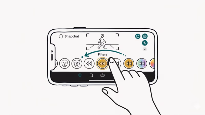 Hand swiping left through Snapchat filter carousel to find the triple-arrow reverse filter icon